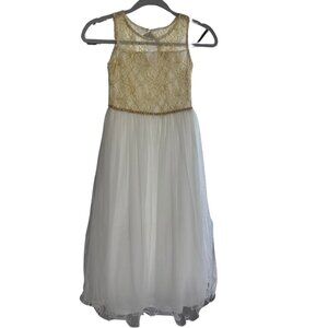 Girls Party Communion Wedding Flower Girl Fancy Dress White and gold Size 7/8